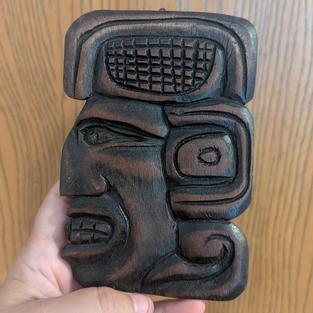 Vintage Honduras Hand Carved Wood Mayan Aztec Face Wall Plaque Folk Art Decor
